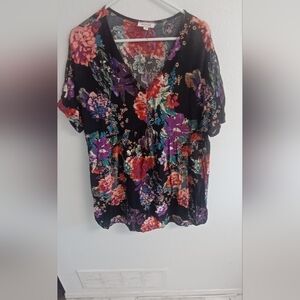 ANDREE BY UNIT Purple Floral Short Sleeve Blouse 1x